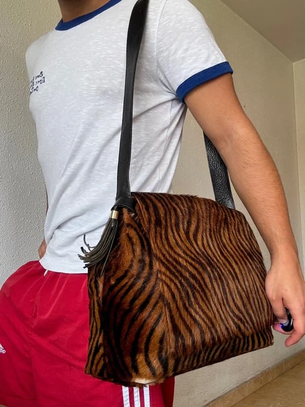 Vintage Y2K Genuine Leather Tiger leopard Cheetah Animal Print Faux Fur Handbag